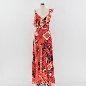 MARCIANO‎ Dress Size 2 VNeck Side Slit Multicolor Red Chain Buckle Print Maxi